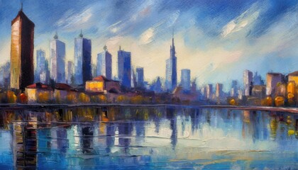 Skyline city view with reflections on water. Original oil painting on canvas. - obrazy, fototapety, plakaty