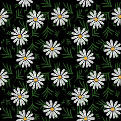 Floral Seamless Pattern with Simple Chamomile Flowers an Leaves Isolated on Black Background