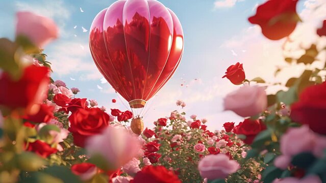 The balloon finally reaches its destination, floating through a romantic garden full of blooming roses, symbolizing the journey coming to an end as love is found.