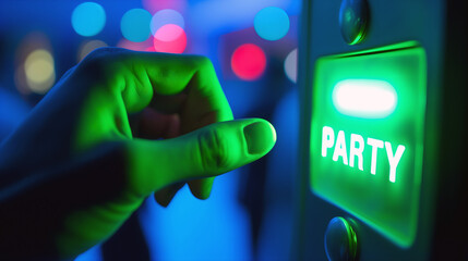 Close-up of a hand pushing a neon party button in a club atmosphere - obrazy, fototapety, plakaty