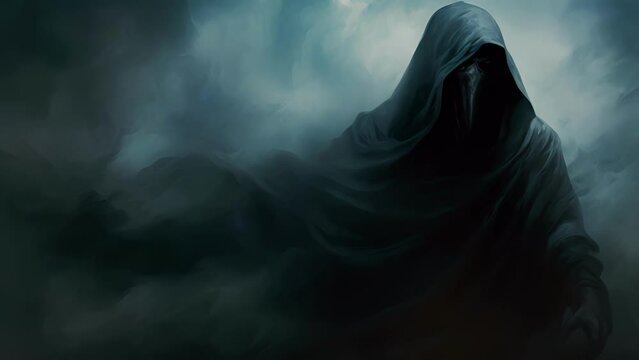 A hooded specter shrouded in a shroud of smoke and fog