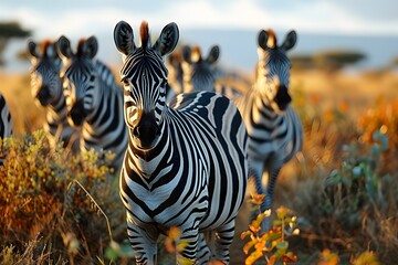 Fototapeta premium Herd of zebras looking at camera. Nxai Pans national park. Botswana. Africa