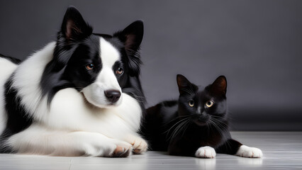 Harmony Unleashed: Adorable Black Cat and White Dog Cozying Up Together on the Floor - Stunning Pet Banner Against a Chic Black Background, Perfect for Your Heartwarming Moments Collection
