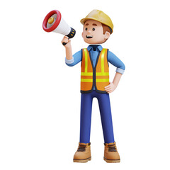 3D Construction Worker Character Holding Megaphone