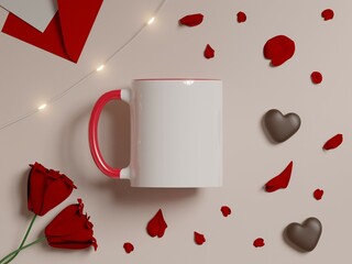 11 oz white and red coffee cup with copy space for logo, text or design on a white background as a flatlay with red roses and chocolates. Mock up for drink concept. 3D Rendering