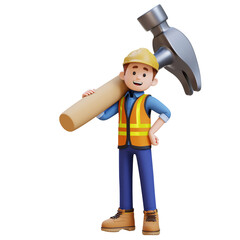 3D Construction Worker Character Carrying Big Hammer on Shoulder