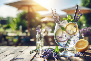 Stunning Lavender cocktail Purple drink in a glass on white background with ice and lavender flowers. Iced cold summer drink, lemonade. - obrazy, fototapety, plakaty