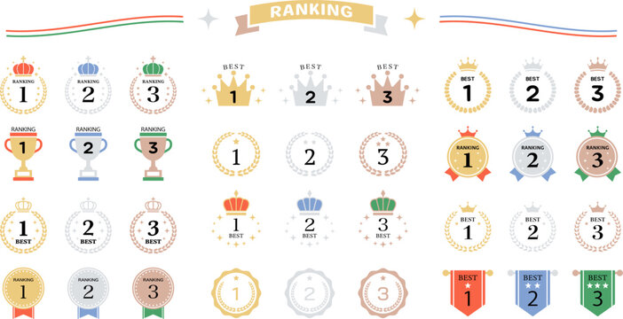 ランキング　アイコン　バリエーション　金銀銅　カラフル　メダル　月桂樹　月桂冠　王冠　セット