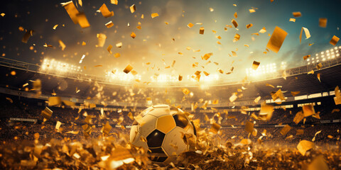 Golden confetti flutters over a sunlit soccer stadium, creating a celebratory atmosphere