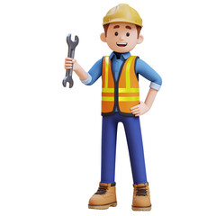 3D Construction Worker Character Holding Wrench in Confident Pose