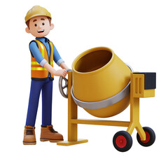 3D Construction Worker Character Working on Concrete Mixer