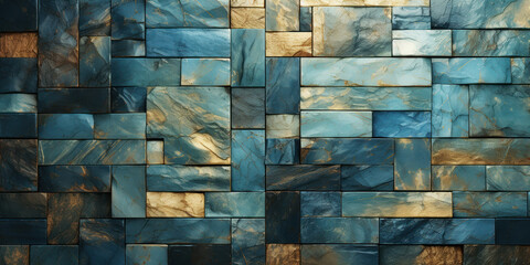 Mosaic of marbled tiles in cool blues and golds, exuding opulence