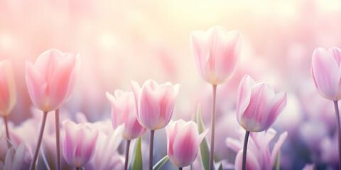 Gentle blush tulips stand tall amidst a dawn of soft purple haze