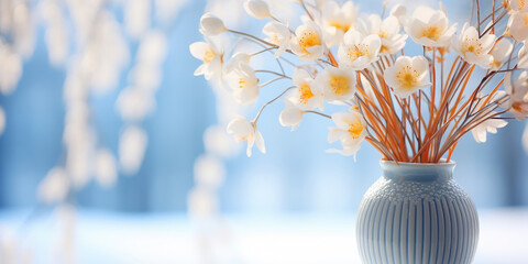 Delicate reed flowers in a frosted vase against a snowy landscape seen through a frosted window