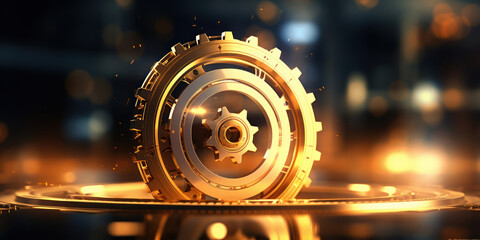 Golden cogwheel mechanism gleaming with precision engineering against a warm backdrop - obrazy, fototapety, plakaty