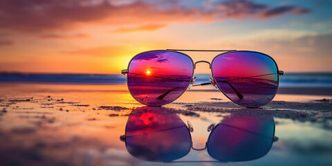 Pair of reflective sunglasses capturing the pink and blue hues of a tropical paradise