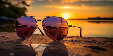 Fototapeta na wymiar Mirrored aviators reflecting the golden and violet tones of a sunset by the ocean