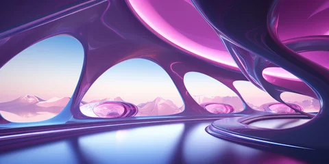 Fototapeten Futuristic room with pink tones and smooth curves leading to an alien landscape © vectorizer88