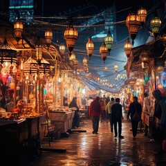 Fototapeta na wymiar Market Atmosphere In The Month of Ramadan With Lanterns, Generative AI 