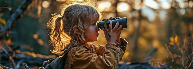 A young person observing the forest and its creatures through binoculars.