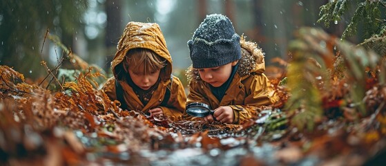 Children examining in the woodland via a magnifying glass. - obrazy, fototapety, plakaty
