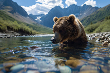 A grizzly bear fishing in a crystal-clear mountain stream