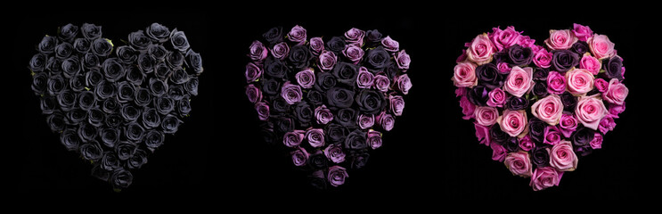 Heart shapes with black, purple and pink roses. Dark flower love hearts on black flat background. Generative AI.