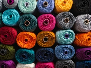 colorful yarn for knitting in basket on a wooden table background.