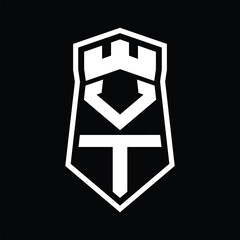 VT Letter Logo monogram hexagon shield shape up and down with crown castle isolated style design