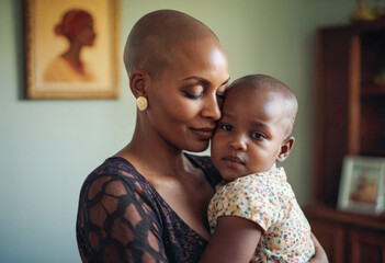 World Cancer Day February 4th, celebrating life, young woman with shaved hair holding her son at...
