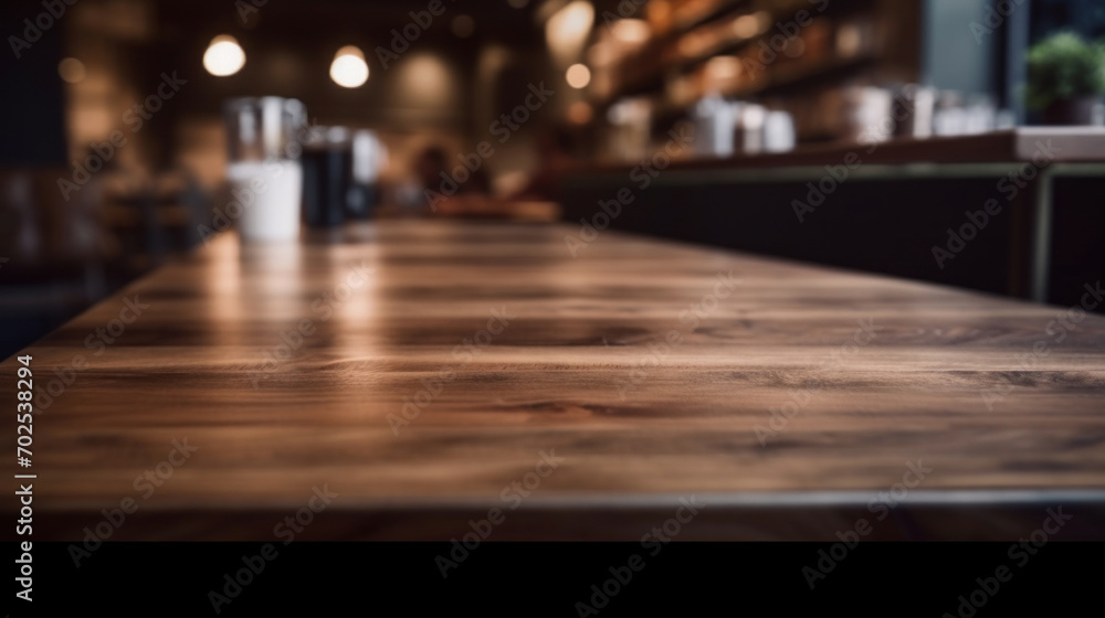 Poster empty wooden table and coffee shop blur background with bokeh image.