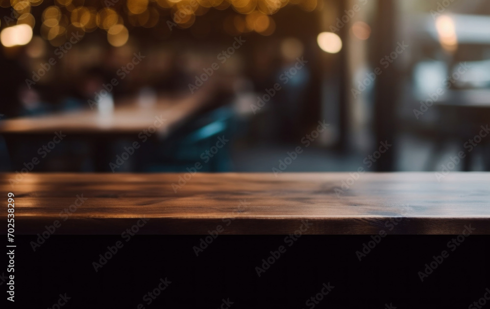 Poster empty wooden table and coffee shop blur background with bokeh image.