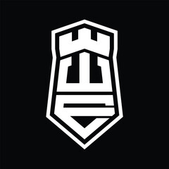 WE Letter Logo monogram hexagon shield shape up and down with crown castle isolated style design