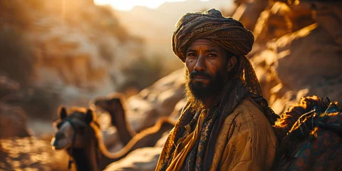 Türaufkleber Middle eastern man with his camels in the desert at sunset © Resdika
