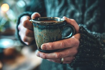 Image of a man's hand wearing a coat and holding a coffee cup in his hand.