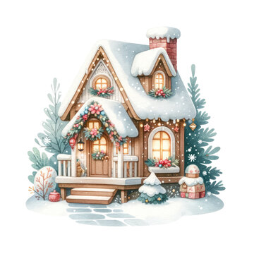 christmas house with snowman, house clipart, water color clipart
