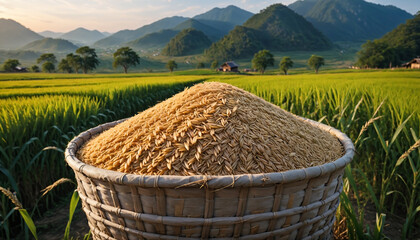 a pile of rice sitting on the basket in the rice field - obrazy, fototapety, plakaty