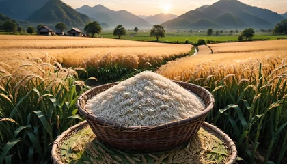 Foto op Canvas a pile of rice sitting on the basket in the rice field © Jirut