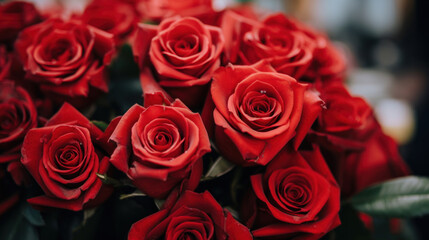 Close-up shot of a vibrant bouquet of red roses with intricate petal details, symbolizing love and passion.