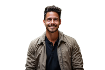  Young confident entrepreneur sitting in modern office smiling and looking at camera. Tranparency background.