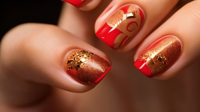 A closeup of a glittery red and gold nail design, with intricate red heart designs and sparkling accents for a gl and eyecatching look.