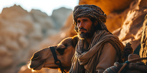 Middle eastern man with his camels in the desert at sunset - obrazy, fototapety, plakaty