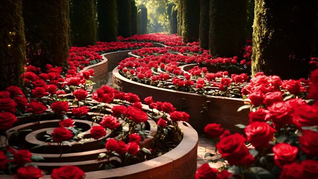 The path of the labyrinth is lined with lush red roses, hinting at the passion and intensity that often accompany the search for true love.
