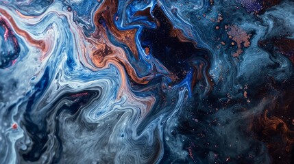 blue and black abstract colorful psychedelic organic liquid paint ink marble texture background. dark fluent surface wave motion mix random pattern. creativity flow painting coincidence concept. - obrazy, fototapety, plakaty