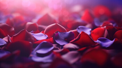 Close-up of scattered red and purple rose petals with a dreamy purple bokeh effect in the background, conveying romance and elegance.