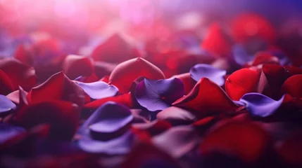 Fotobehang Close-up of scattered red and purple rose petals with a dreamy purple bokeh effect in the background, conveying romance and elegance. © tashechka