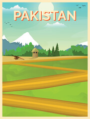 Naklejka premium Vector illustration of countryside pakistan village cartoon background poster, card, template of green meadows and surrounded by trees and mountains