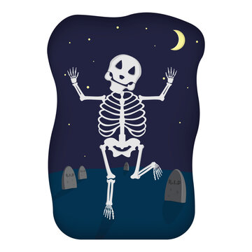 Cartoon cute skeleton with night graveyard background clipart graphics