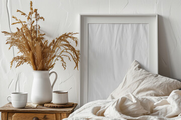 Fototapeta na wymiar Mock up blank frame in Modern bedroom Stylish interior with mock up poster frame, coffee cups and pampas grass on bed