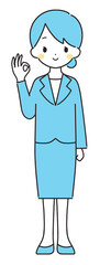 水色｜OKマークのスーツの女性｜全身